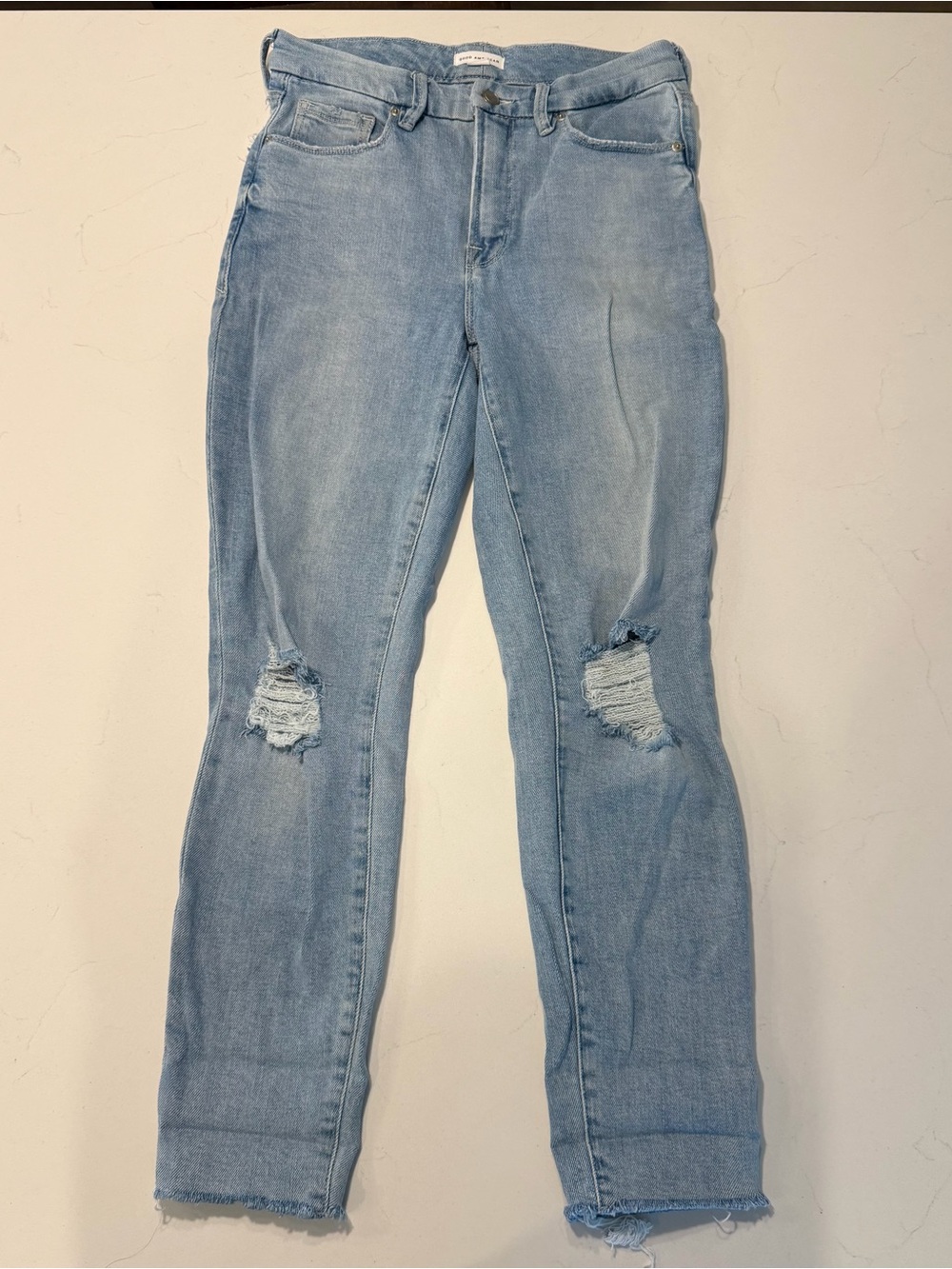 Good American Light Blue Distressed Straight-Leg Jeans